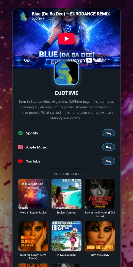 An artist page with every platform and free downloads