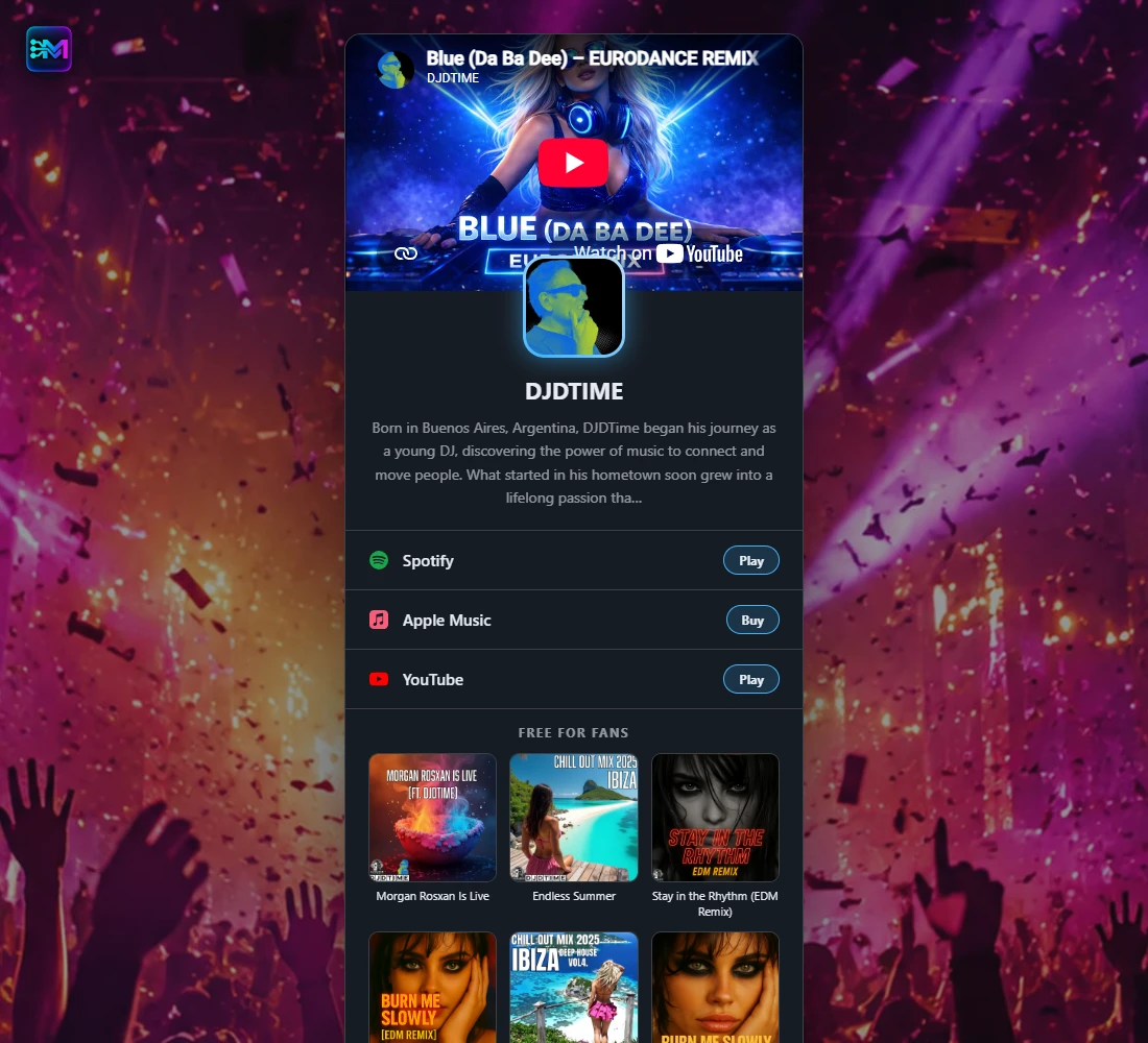 DJDTIME Artist Card in MBX Artists, showing the profile, music links and Free for Fans releases