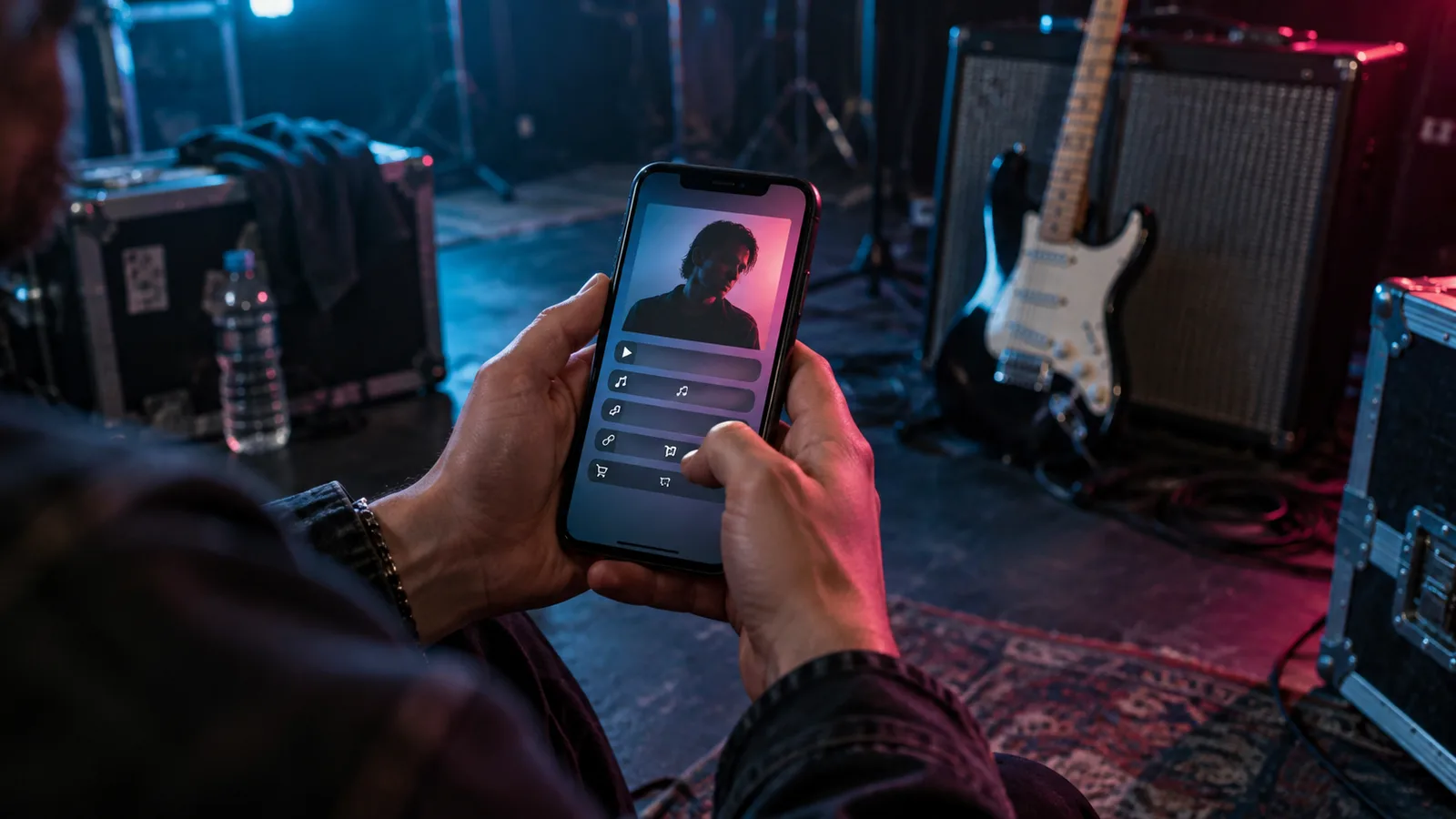 Musician holding a phone with an artist profile backstage