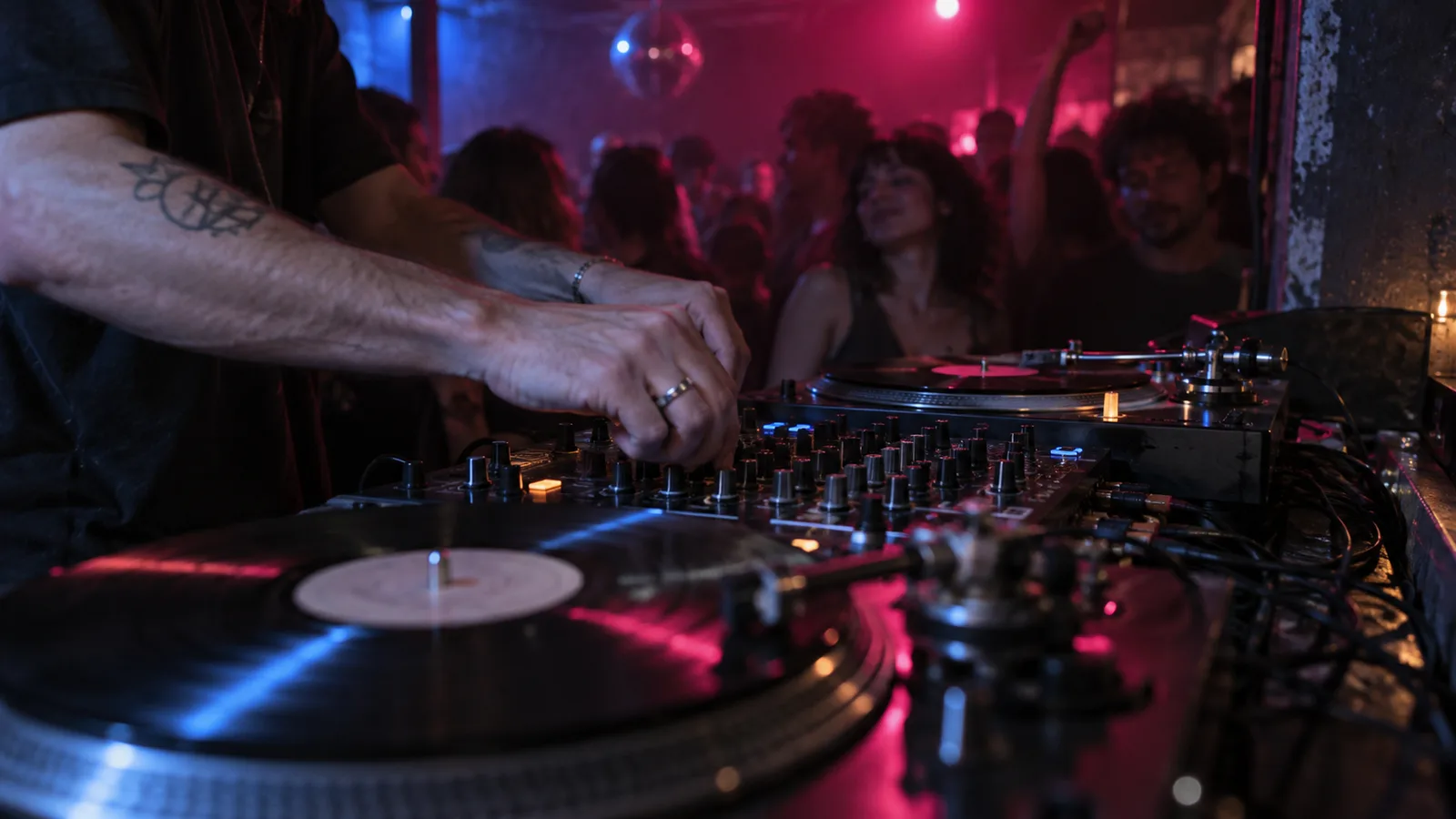 DJ mixing under blue and magenta club lights