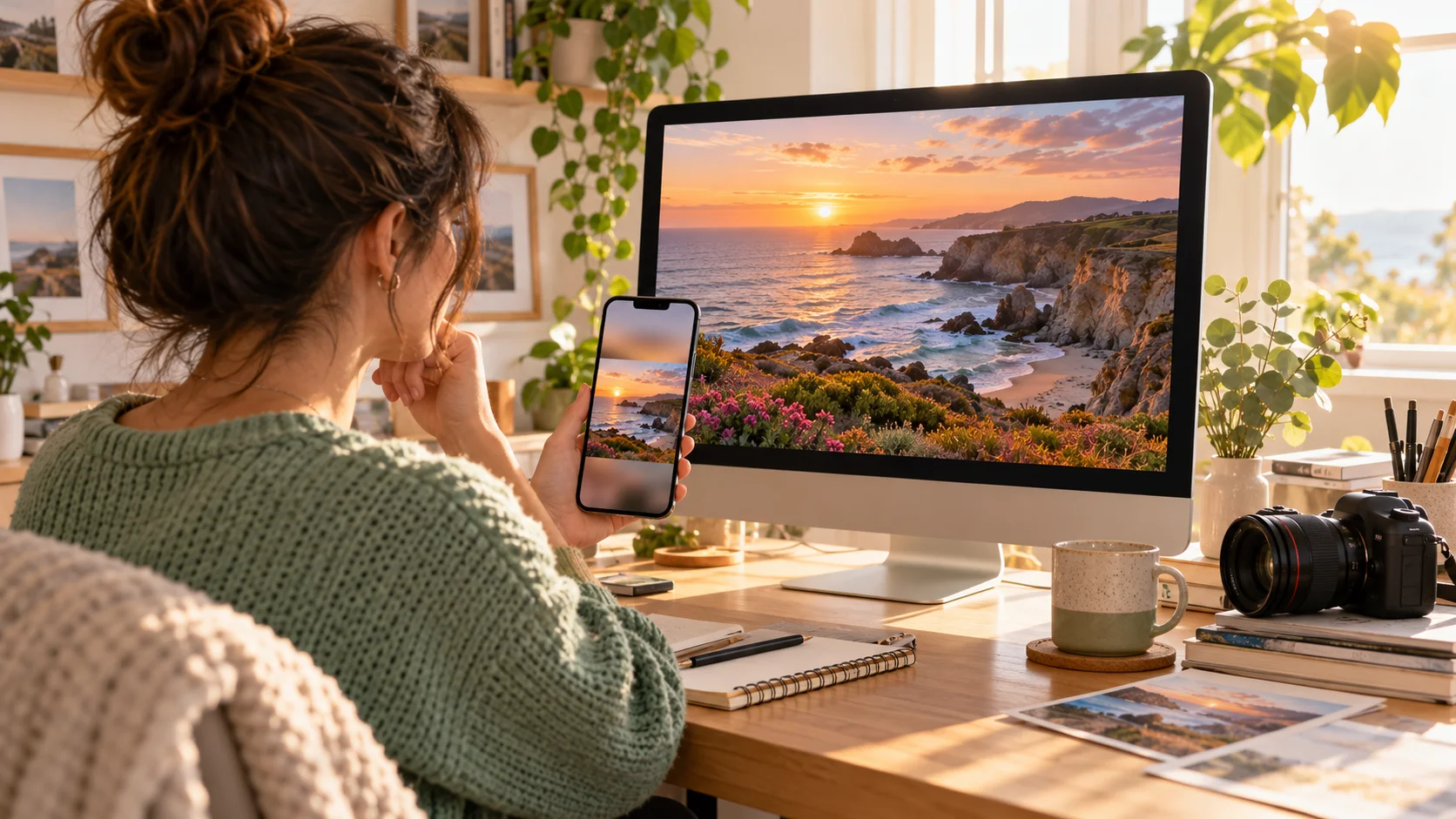 Illustrative photograph of a creator reviewing a coastal sunset photo on a monitor and a vertical phone