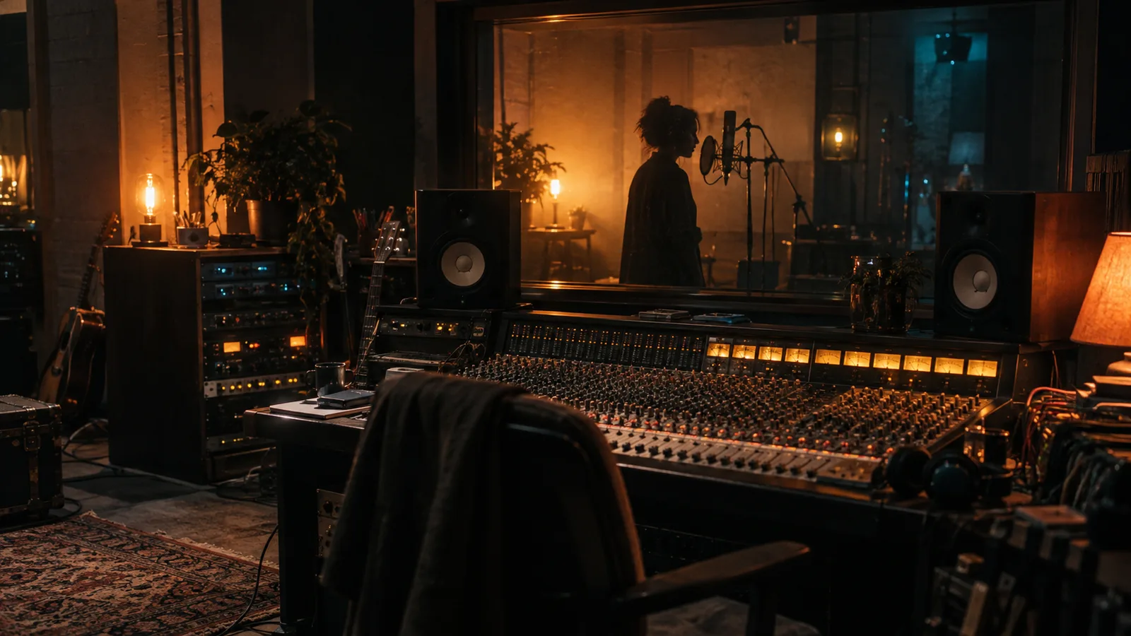 Recording session in a warmly lit music studio