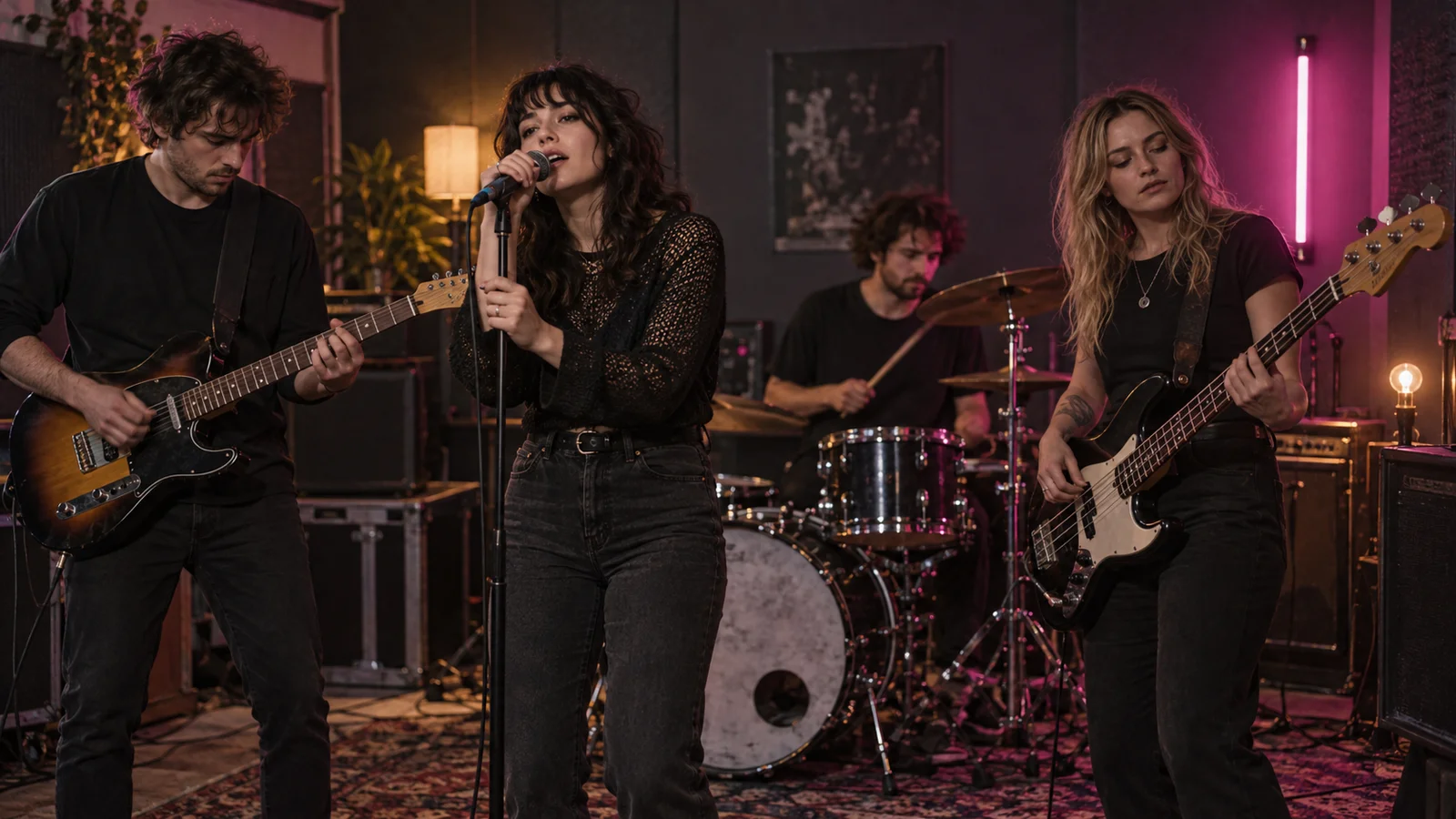 A four-piece band rehearsing with vocals, guitar, bass and drums in a warmly lit studio